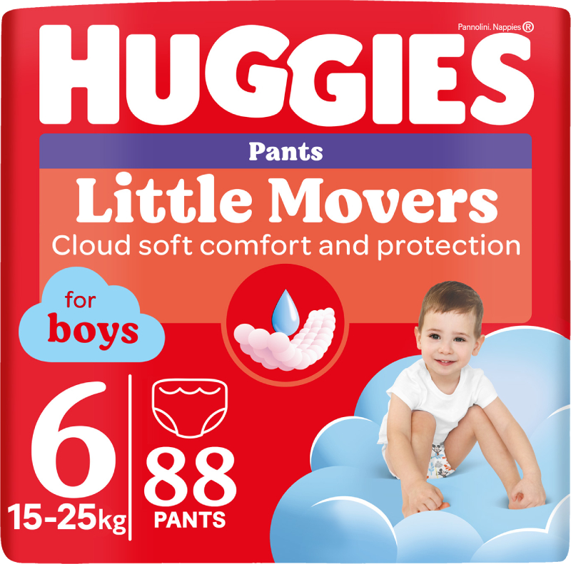 Одноразовые подгузники-трусики Huggies Little Movers Размер 6 (15-25 кг) для мальчиков, 88 шт. (5029054568200) - Фото 1