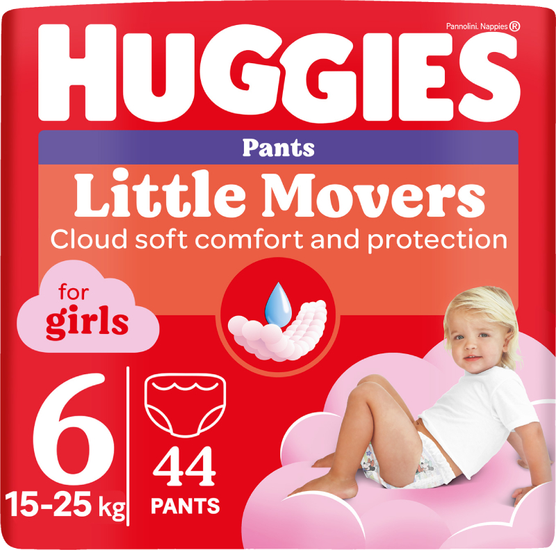 Одноразовые подгузники-трусики Huggies Little Movers Размер 6 (15-25 кг) для девочек, 44 шт. (5029053547664) - Фото 1