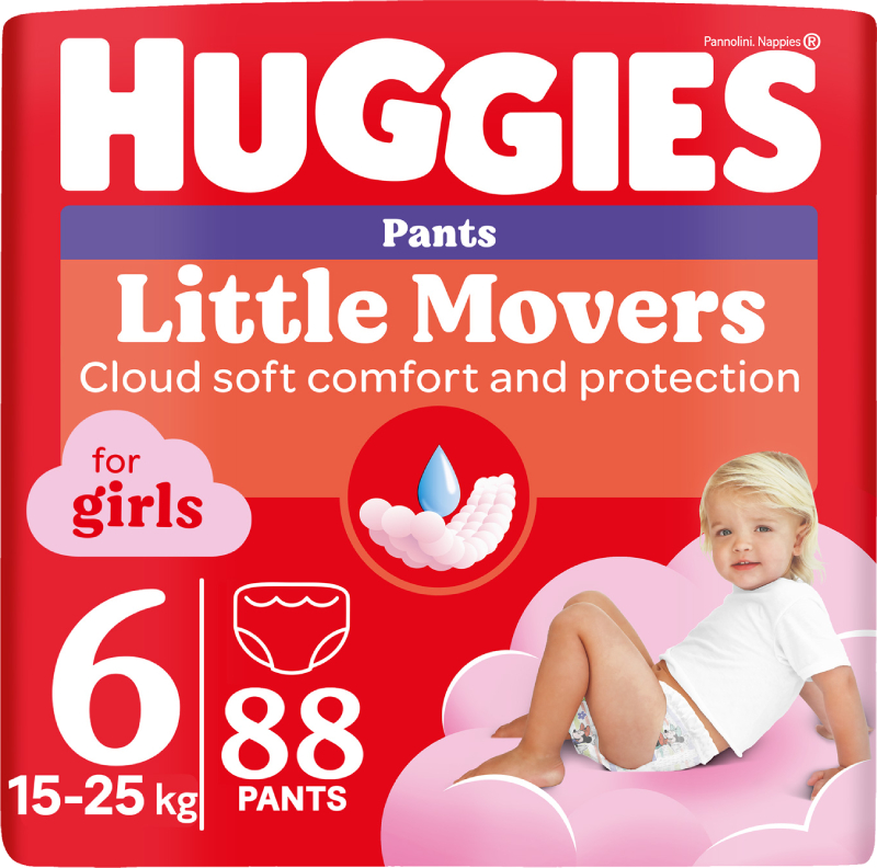 Одноразовые подгузники-трусики Huggies Little Movers Размер 6 (15-25 кг) для девочек, 88 шт. (5029054568217) - Фото 1