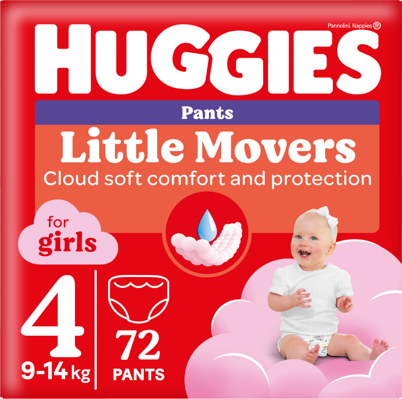 Одноразовые подгузники-трусики Huggies Little Movers Размер 4 (9-14 кг) для девочек, 72 шт.(2*36 шт.) (5029053564098) - Фото 1