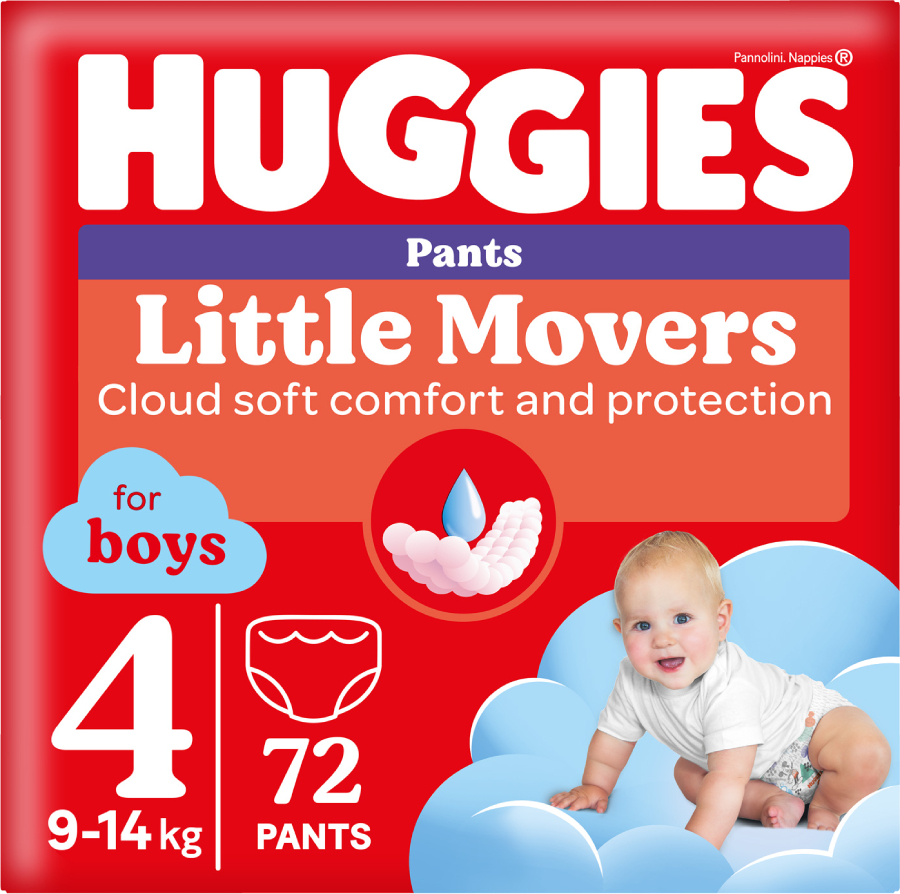 Одноразовые подгузники-трусики Huggies Little Movers Размер 4 (9-14 кг) для мальчиков, 72 шт.(2*36 шт.) (5029053564104) - Фото 1