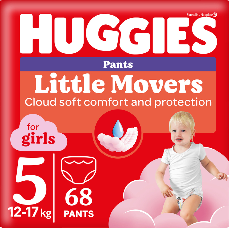 Одноразовые подгузники-трусики Huggies Little Movers Размер 5 (12-17 кг) для девочек, 68 шт.(2*34 шт.) (5029053564111) - Фото 1