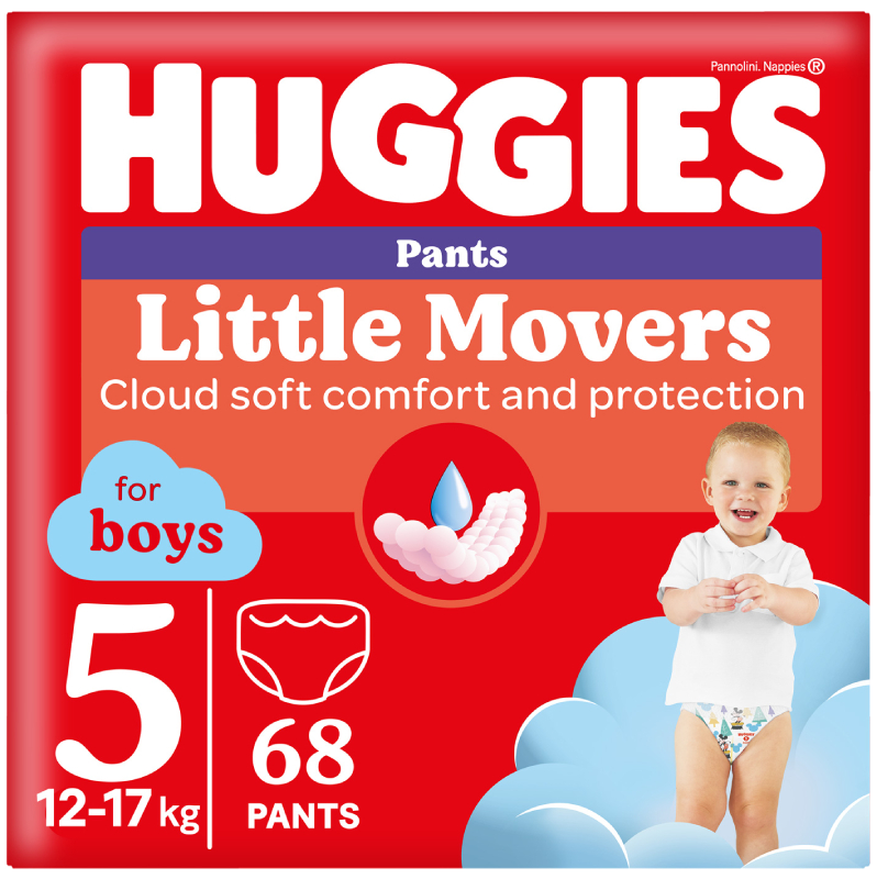 Одноразовые подгузники-трусики Huggies Little Movers Размер 5 (12-17 кг) для мальчиков, 68 шт.(2*34 шт.) (5029053564128) - Фото 1