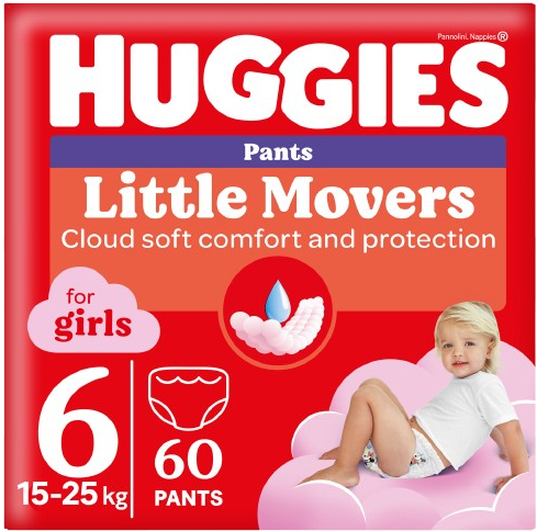 Одноразовые подгузники-трусики Huggies Little Movers Размер 6 (15-25 кг) для девочек, 60 шт.(2*30 шт.) (5029053564135) - Фото 1