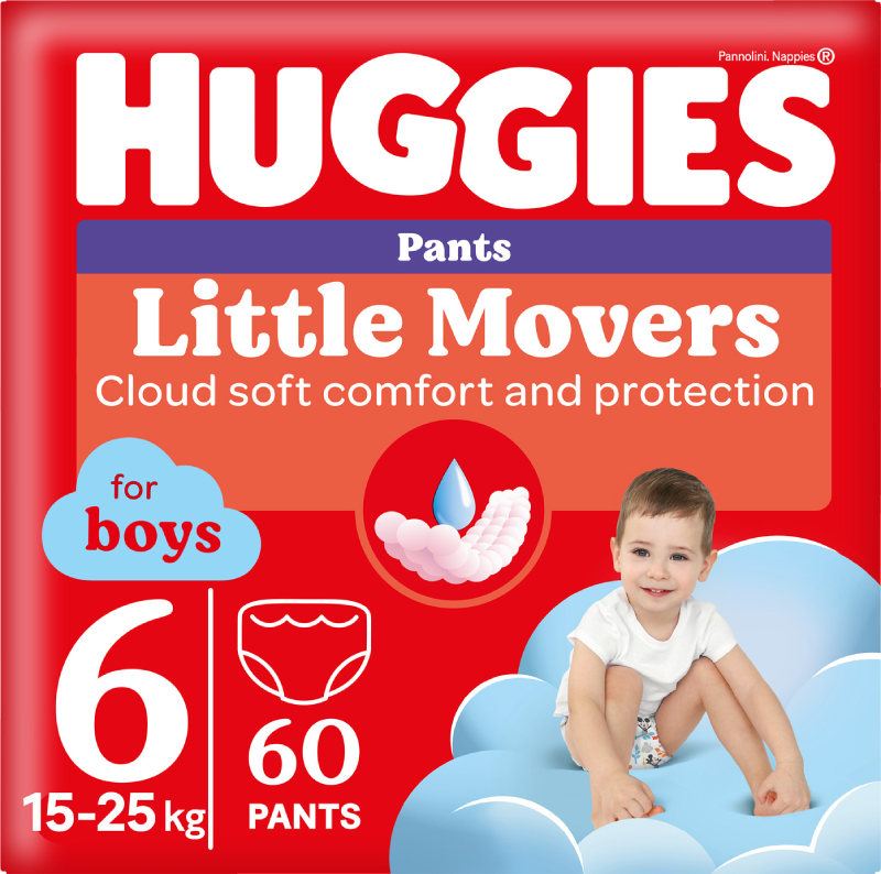 Одноразовые подгузники-трусики Huggies Little Movers Размер 6 (15-25 кг) для мальчиков, 60 шт.(2*30 шт.) (5029053564142) - Фото 1