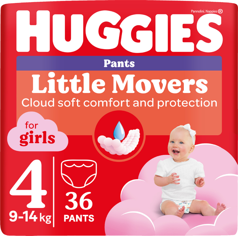 Одноразовые подгузники-трусики Huggies Little Movers Размер 4 (9-14 кг) для девочек, 36 шт. (5029053564265) - Фото 1