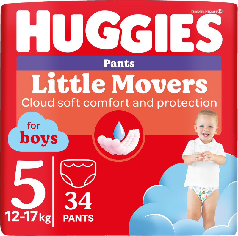 Одноразовые подгузники-трусики Huggies Little Movers Размер 5 (12-17 кг) для мальчиков, 34 шт. (5029053564289) - Фото 1