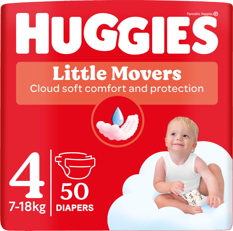 Одноразовые подгузники Huggies Little Movers Размер 4 (7-18 кг), 50 шт. (5029053567587) - Фото 1