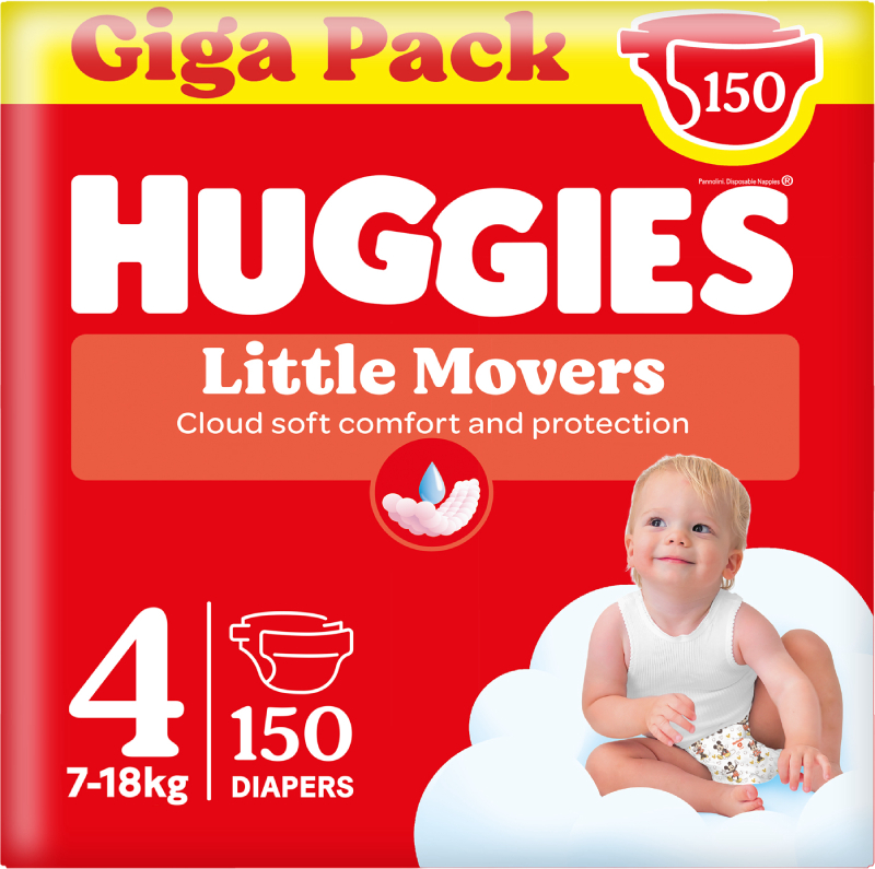 Одноразовые подгузники Huggies Little Movers Размер 4 (7-18 кг), 150 шт. (5029053583402) - Фото 1
