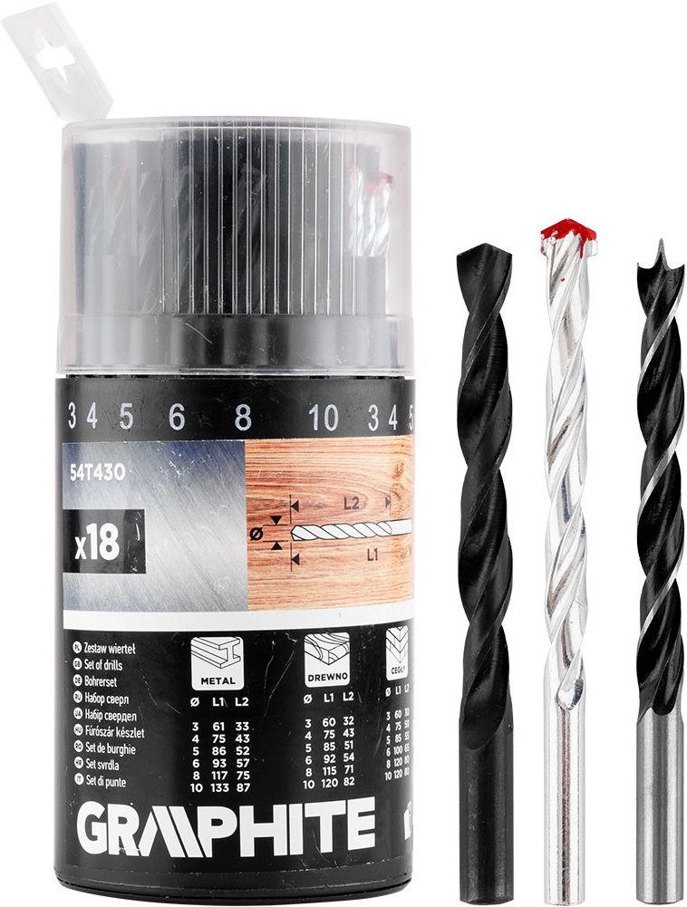 Набір свердел GRAPHITE 3-6, 8, 10 мм 18 шт. (54T430) - Фото 1
