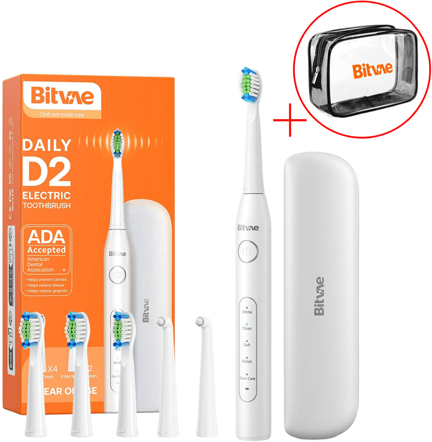 Зубна щітка електрична Bitvae D2 с футляром и 6 насадок White + косметичка (BV-D2-w-k) - Фото 1