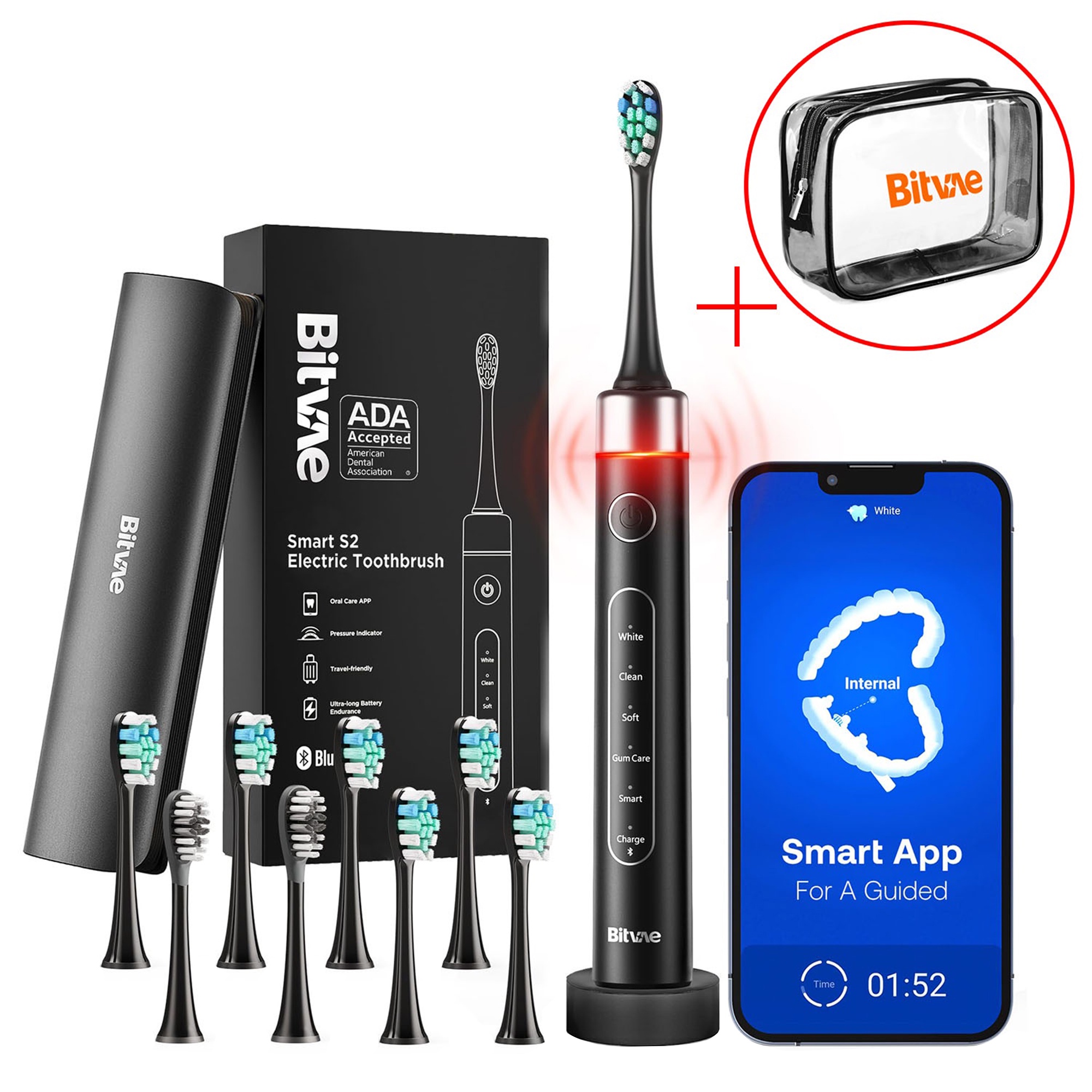 Зубна щітка електрична Bitvae S2 Smart 8 насадок и футляр Black + косметичка (BVS2-b-k) - Фото 1