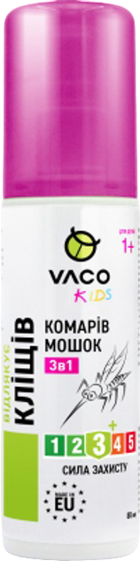 Спрей от комаров для детей VACO KIDS 3в1 от комаров клещей и мошек от 1 года 80 мл (5901821952606) - Фото 1