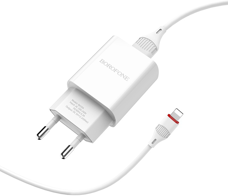 Сетевое зарядное устройство BOROFONE BA20A Sharp single port charger set Lightning 10.5W White (6931474700728) - Фото 1