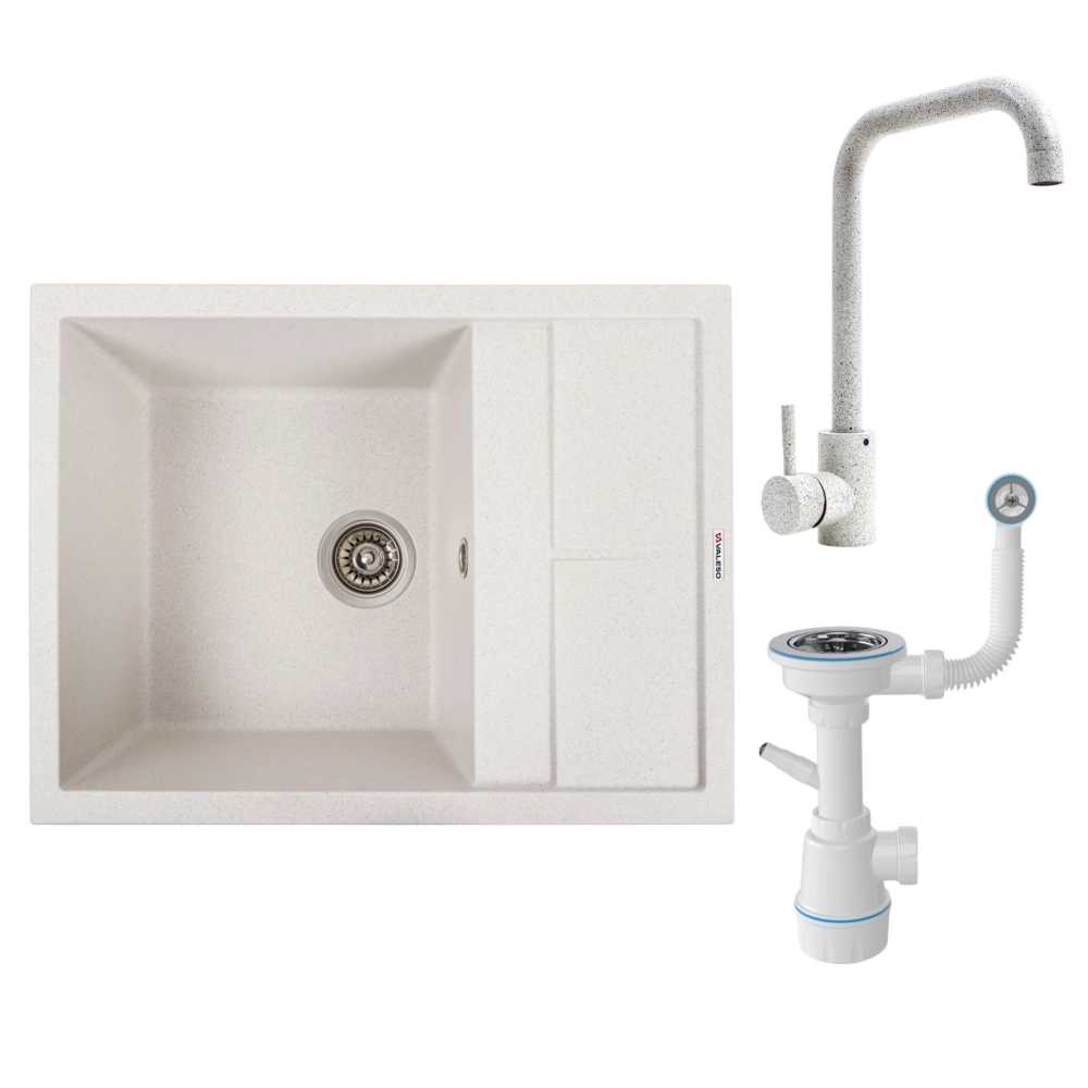 Купить Мойка кухонная+смеситель VALESO LOTOS 6550 Белая в точку +NS02A Белый в точку +Сифон 1041 - Фото 1 Мойка кухонная+смеситель VALESO LOTOS 6550 Белая в точку +NS02A Белый в точку +Сифон 1041 - Фото 1