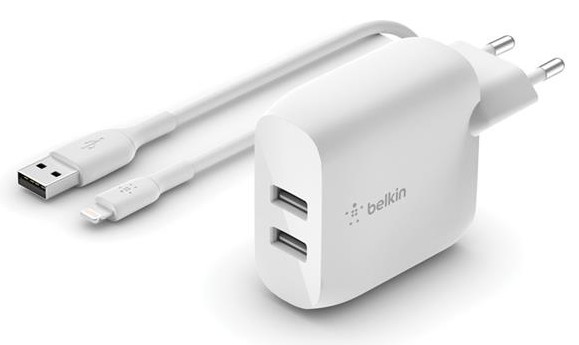 Сетевое зарядное устройство Belkin Home Charger 24W Dual USB 2.4A Lightning 1m White (WCD001VF1MWH) - Фото 1