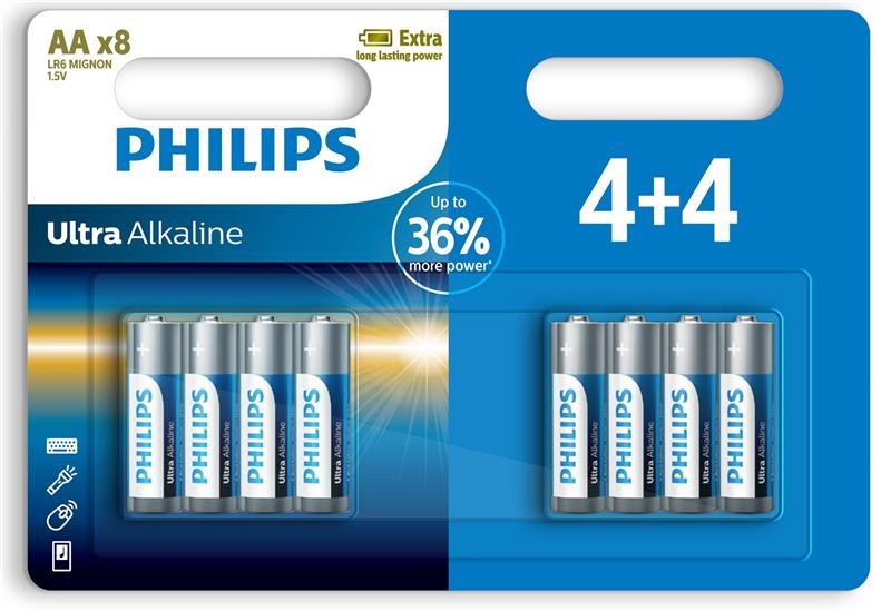 Батарейка тип AA Philips Ultra Alkaline AA 8 шт. (LR6E8B/10) - Фото 1