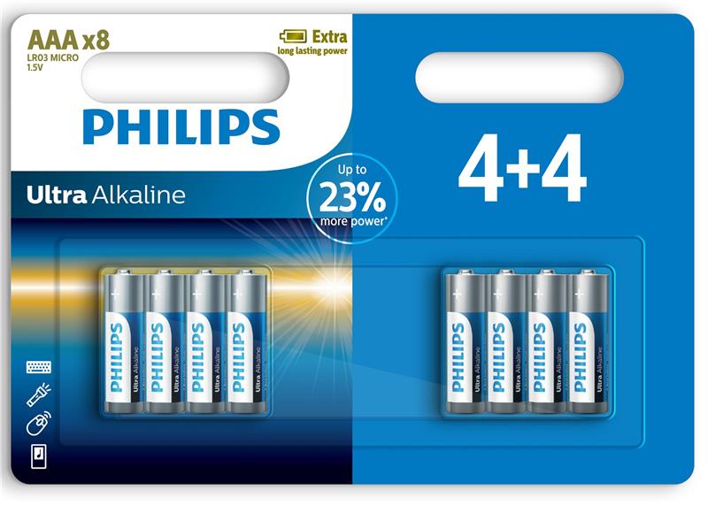 Батарейка тип AAA Philips Ultra Alkaline AAA 8 шт. (LR03E8B/10) - Фото 1