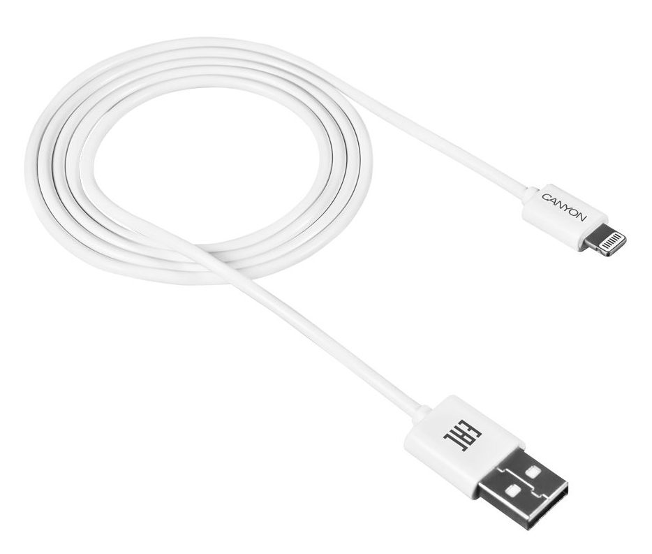 Кабель синхронизации данных Canyon Lightning USB for Apple 1m White (CNE-CFI1W) - Фото 1