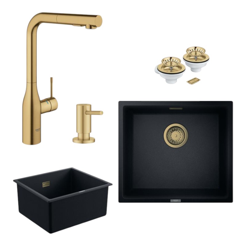Мойка кухонная+смеситель+дозатор Grohe K700U (31653AP0) + 30270GN0 + 40535GN0 + сливной комплект 40997GN0, черный гранит/матовый прохладный восход солнца (31653APGN) - Фото 1