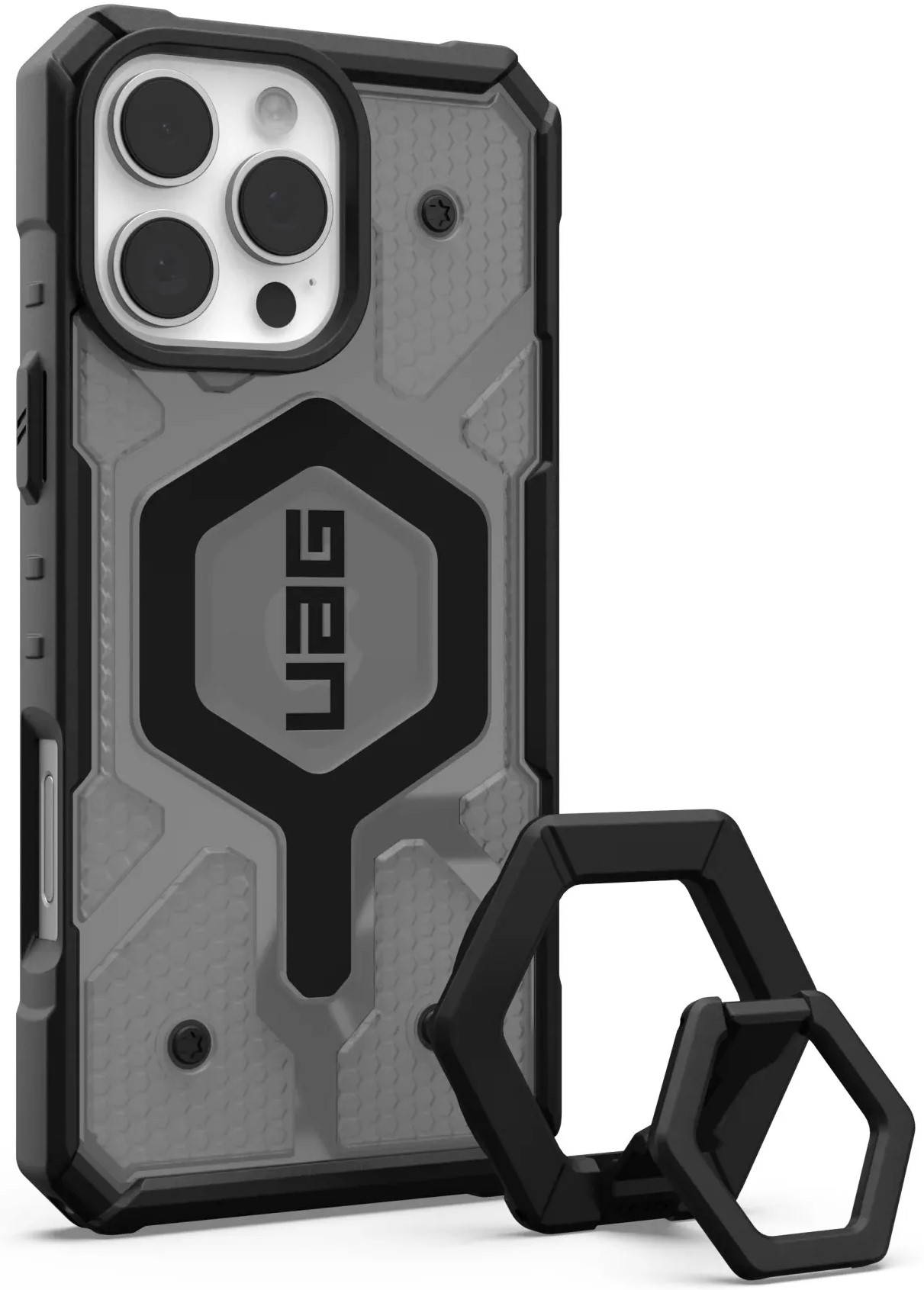 Чехол для смартфона UAG iPhone 16 Pro Max, Pathfinder Clear Magsafe, Ash/Black Stand + магнитное кольцо-держатель (1144651BV02) - Фото 1