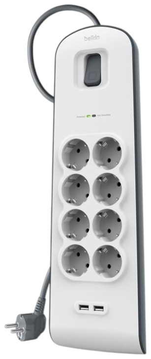 Сетевой фильтр Belkin 8хТип F, 3x1.5мм кв, 16А, 2xUSB-A 2.4A 2m White (BSV804VF2M-V2) - Фото 1