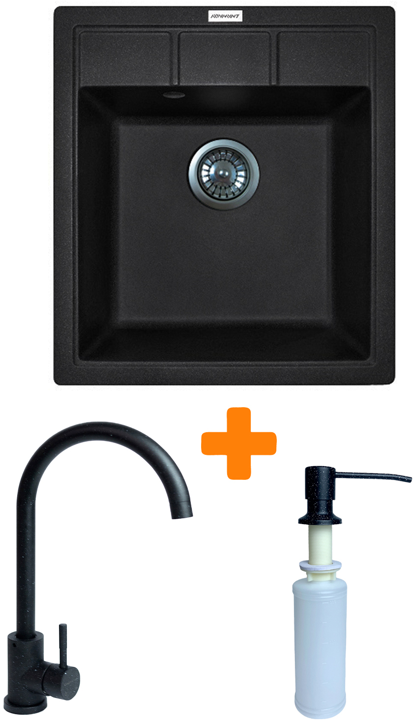 Мойка кухонная+смеситель+дозатор Adamant Brick черный (4824296209703) - Фото 1