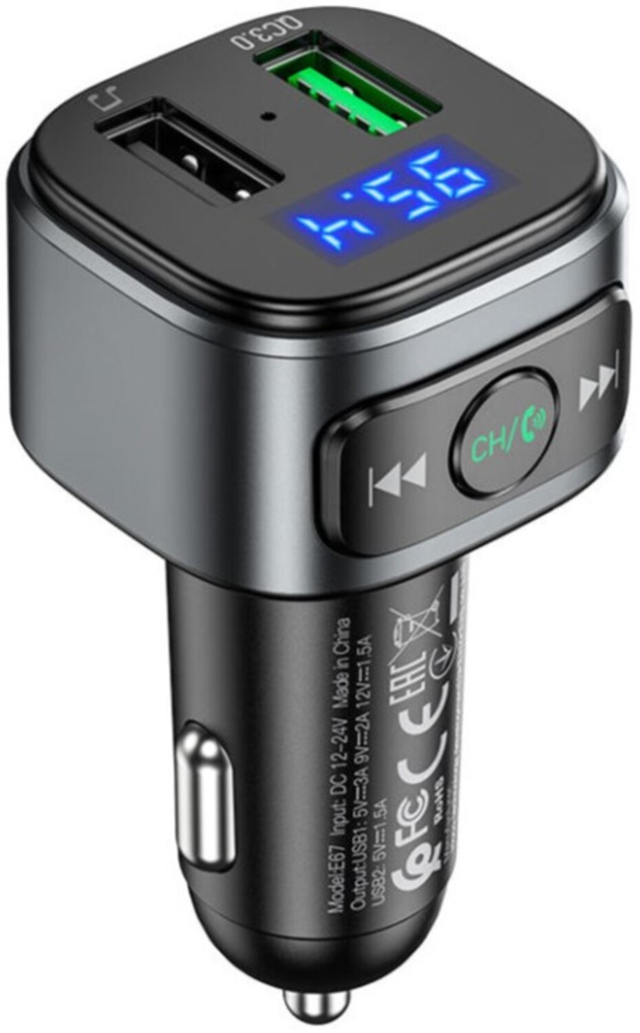 FM модулятор HOCO E67 Fighter QC3.0 18W car BT FM transmitter Black (6931474762122) - Фото 1