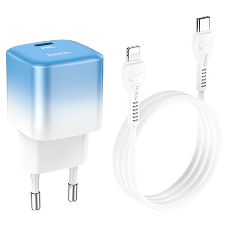 Сетевое зарядное устройство HOCO C101A single port PD20W charger set(C to iP) Ice Blue (6931474769381) - Фото 1