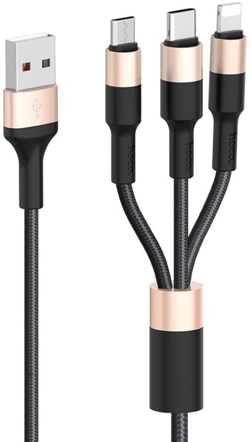 Кабель синхронізації даних HOCO X26 USB to iP+Type-C+Micro 2A, 1m Black+Gold (6957531080275) - Фото 1