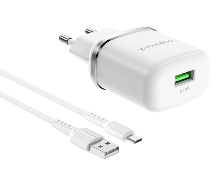 Сетевое зарядное устройство BOROFONE BA36A High speed single port QC3.0 charger set 18W Micro White (6931474715999) - Фото 1