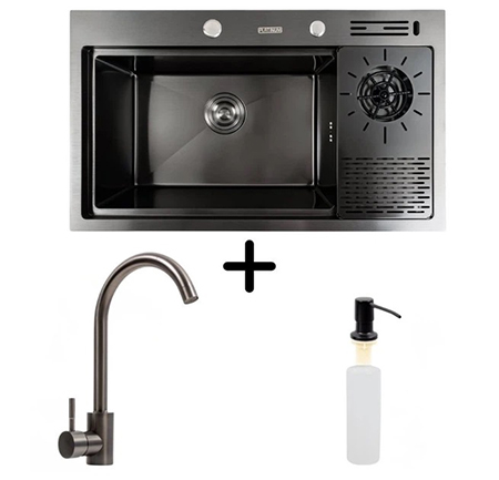 Мийка кухонна+змішувач+дозатор VALESO PVD 78х46 чорна Handmade +коландер - Фото 1