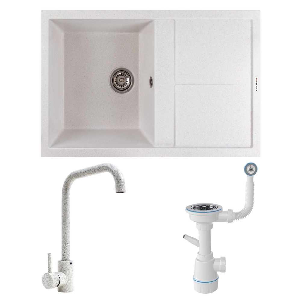 Купить Мойка кухонная+смеситель VALESO SELENA 7950 Белая в точку +NS02A Белый в точку +Сифон 1041 - Фото 1 Мойка кухонная+смеситель VALESO SELENA 7950 Белая в точку +NS02A Белый в точку +Сифон 1041 - Фото 1