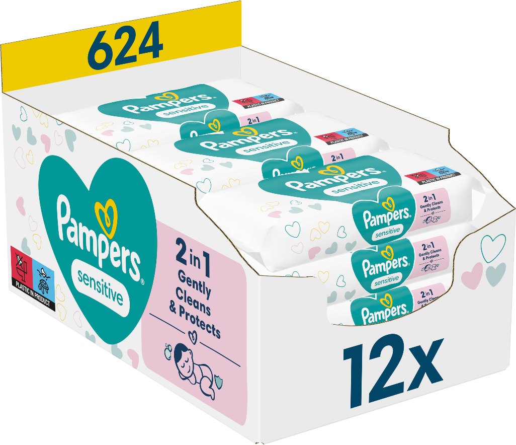 Вологі серветки для немовлят Pampers Sensitive, 624 шт. (12*52 шт) (80777975) - Фото 1