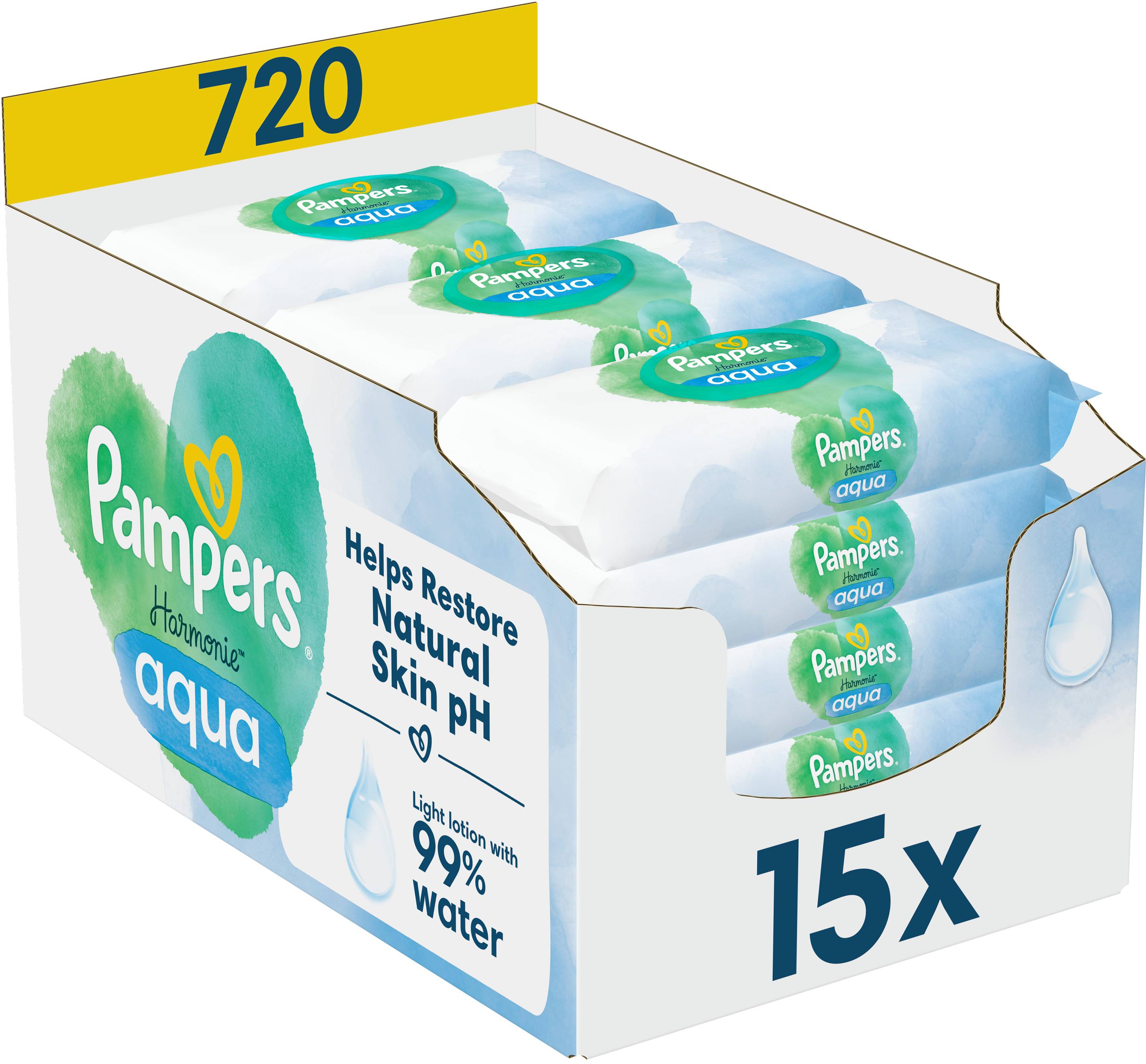 Вологі серветки для немовлят Pampers Harmonie Aqua, 720 шт. (15*48 шт) (80816909) - Фото 1