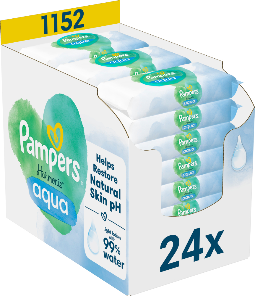 Вологі серветки для немовлят Pampers Harmonie Aqua, 1152 шт. (24*48 шт.) (80770613) - Фото 1