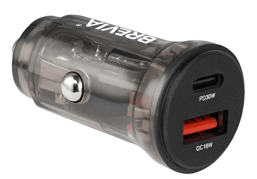 Купити Автомобільний зарядний пристрій Brevia ePower DualCharge 30W 1xUSB-C+1xUSB-A, Transparent Black (46130CAB) - Фото 1 Автомобільний зарядний пристрій Brevia ePower DualCharge 30W 1xUSB-C+1xUSB-A, Transparent Black (46130CAB) - Фото 1