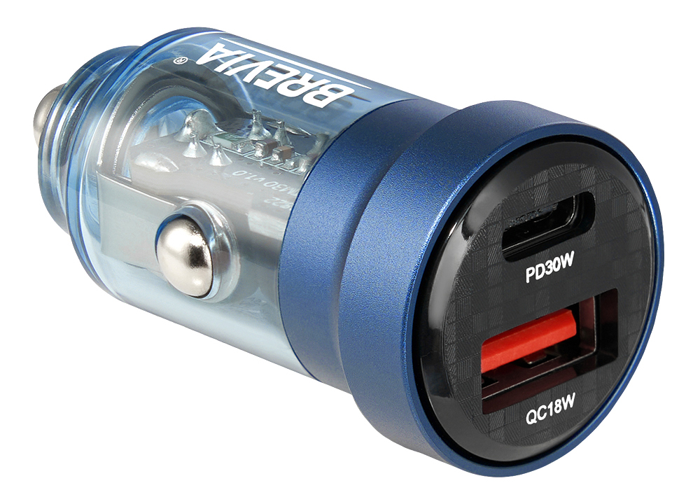 Купити Автомобільний зарядний пристрій Brevia ePower DualCharge 30W 1xUSB-C+1xUSB-A, Transparent Blue (46530CABL) - Фото 1 Автомобільний зарядний пристрій Brevia ePower DualCharge 30W 1xUSB-C+1xUSB-A, Transparent Blue (46530CABL) - Фото 1
