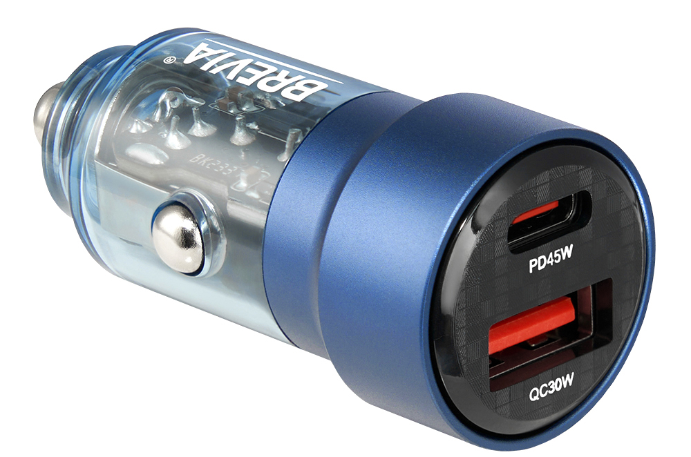 Купити Автомобільний зарядний пристрій Brevia ePower DualCharge 75W 1xUSB-C+1xUSB-A, Transparent Blue (46575CABL) - Фото 1 Автомобільний зарядний пристрій Brevia ePower DualCharge 75W 1xUSB-C+1xUSB-A, Transparent Blue (46575CABL) - Фото 1