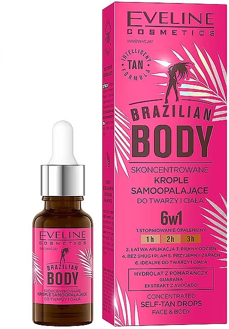 Засіб для засмаги EVELINE Концентровані краплі для автозасмаги Brazilian Body 6в1 для обличчя і тіла 18 мл (5903416053170) - Фото 1