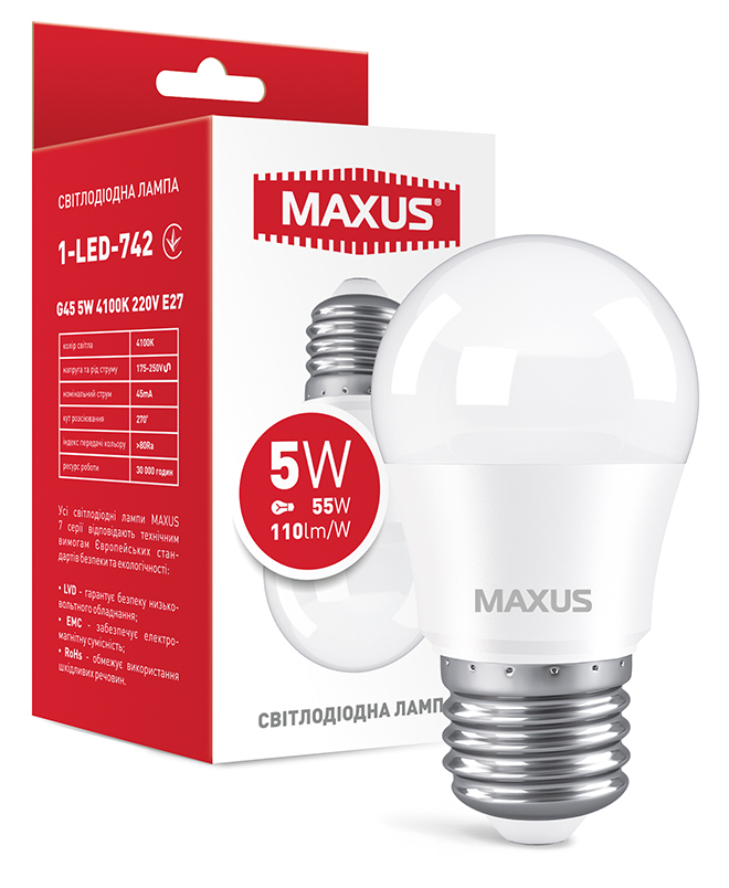 Лампочка светодиодная Maxus G45 5W 4100K 220V E27 (1-LED-742) - Фото 1