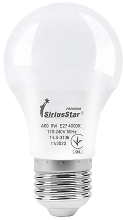 Лампочка светодиодная SiriusStar 3106 A60 8W-4000K-E27 - Фото 1