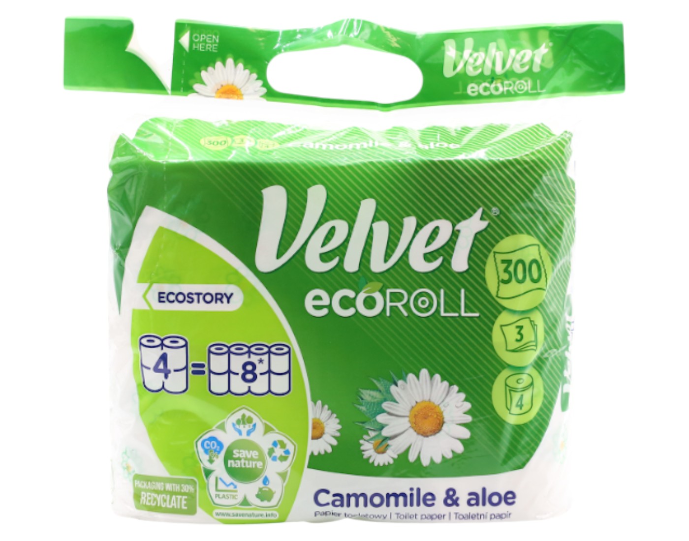 Туалетная бумага Velvet Camomile&Aloe Eco Roll 4=8 рул. 3 слоя (VTPCAER43n) - Фото 1