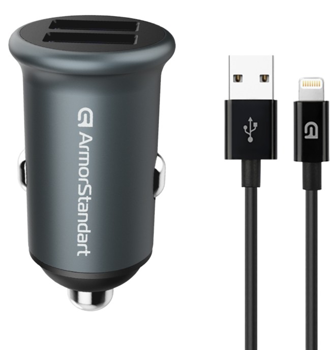 Автомобильное зарядное устройство Armorstandart 2xUSB QC3.0 Grey + кабель Lightning (ARM82458) - Фото 1