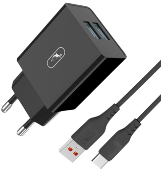 Сетевое зарядное устройство SkyDolphin SC30T 2USB, 2.1A Black (SDMZP-000171)+кабель USB Type-C - Фото 1