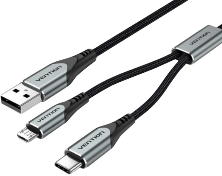 Кабель синхронизации данных Vention  USB 2.0 AM -1 Type-C M, 1 Micro BM Y-Splitter Cable 0.5м 480Mbps Aluminum Alloy Gray (CQGHD) - Фото 1