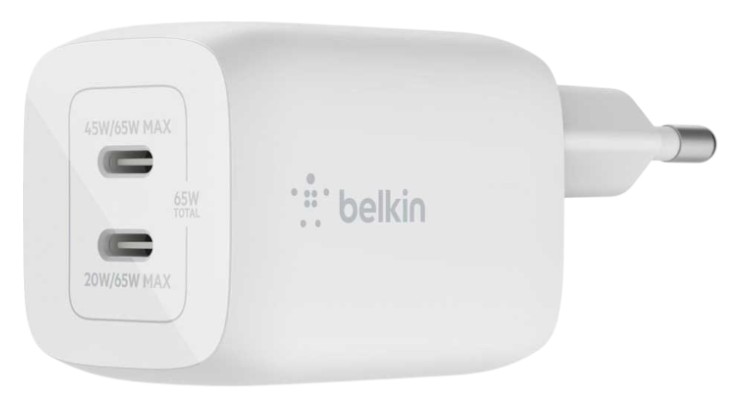 Сетевое зарядное устройство Belkin 65Вт 2хUSB-С GAN PD PPS White (WCH013VFWH) - Фото 1
