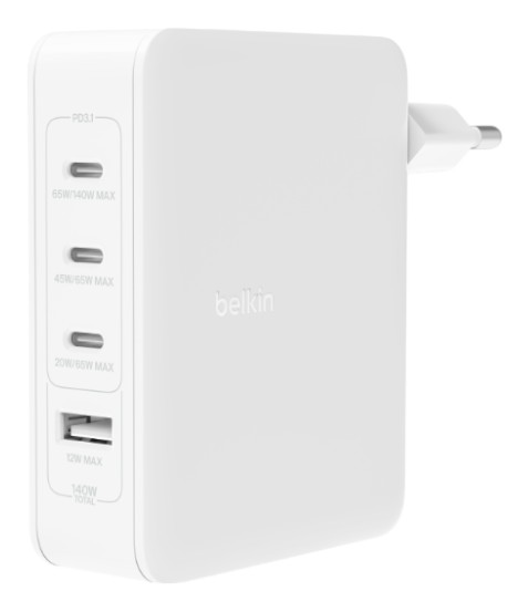 Сетевое зарядное устройство Belkin 140Вт 3хUSB-С GAN PD PPS, USB-A White (WCH014BTWH) - Фото 1