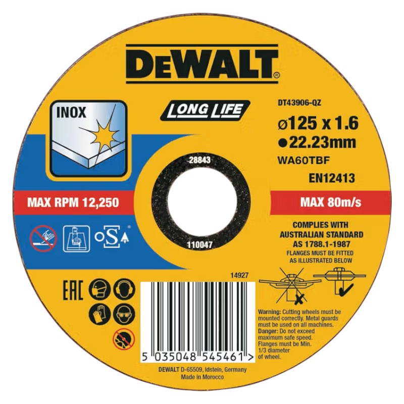 Круг отрезной по металлу DeWALT INOX Long Life 125х1.6х22.23 мм (DT43906) - Фото 1