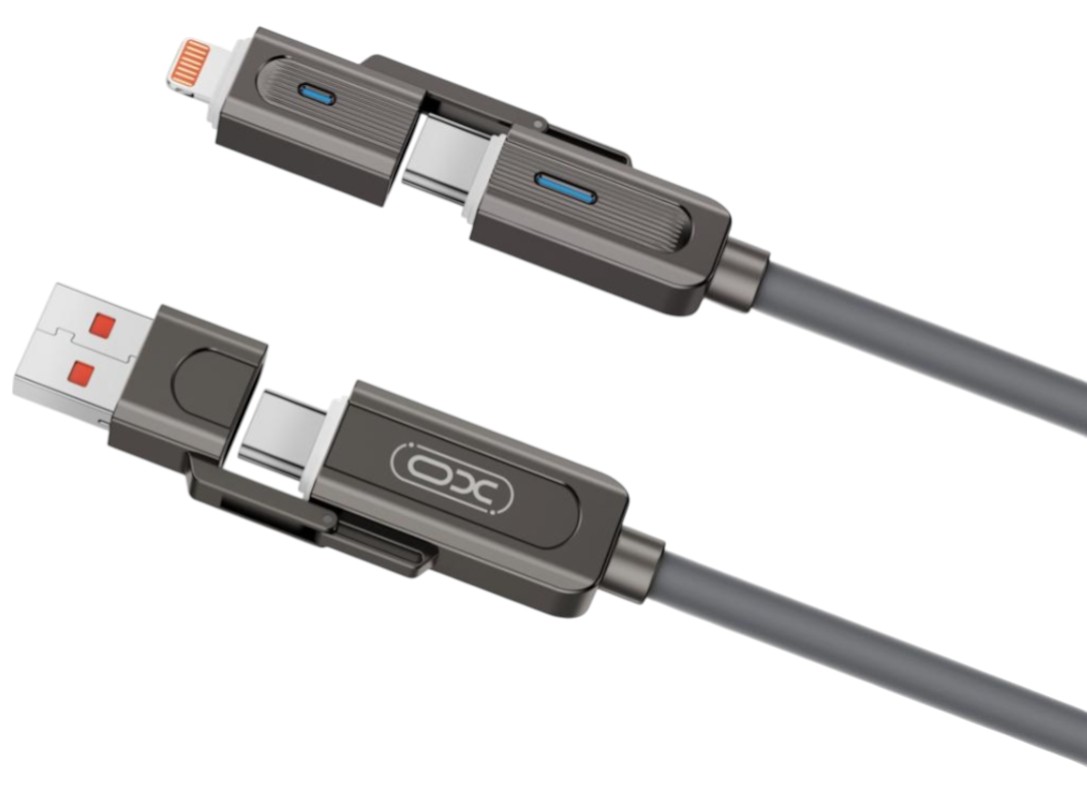 Кабель синхронізації даних XO Zinc Alloy Silicone Type-C/USB-A to TYPE-C/Lightning 4-in-1 60W 1m (NB275_4-in-1_Gray) - Фото 1